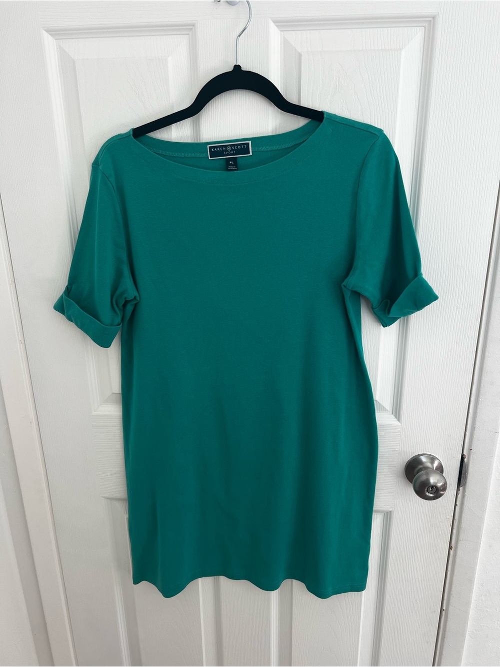 Karen Scott Teal Crewneck Ponte Tunic with Rolled Sleeves